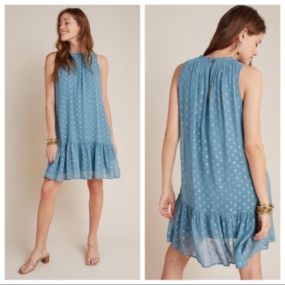 Anthropologie Blue Polka Dot Sleeveless Midi Dress